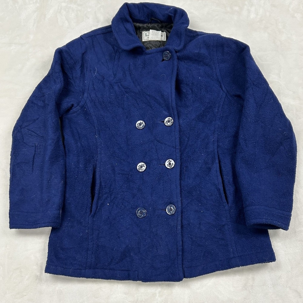 L.L. Bean Fleece Pea Coat Women Large Blue Double Breasted Quilted Lining USA